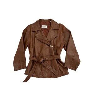 Lord & Taylor Women Leather Jacket Sz 4 Brown Zip Front Moto Blazer Coat Belted
